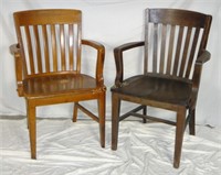 2 Vintage Oak Straight Back Wood Arm Side Chair