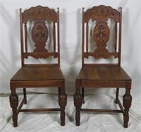 2 Antique Heavy Oak Ornate Side Chairs