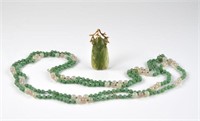 Jade and gold scarab pendant & quartz necklace