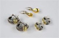 Three pairs of gold and silver earrings