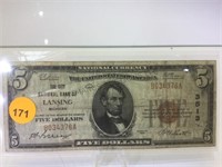 1929 5 DOLLAR BILL "THE CITY NATIONAL BANK"