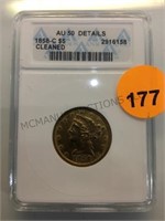 1858-C $5 GOLD, ONE OF 14! GRADED AU 50 CHARLOTTE