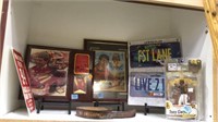 SHELF LOT OF SPORTS AND NASCAR COLLECTIBLES
