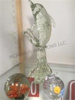2 GLASS PAPERWEIGHTS &  LARGE GLASS DOLPHIN
