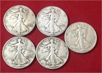 (5) Mixed Dates Walking Liberty Half Dollars