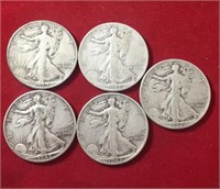 (5) Mixed Dates Walking Liberty Half Dollars