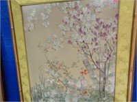Embroidered Silk, Floral & Tree Pattern, Framed