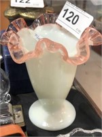 Milk Glass Pink Crest Edge Vase 4 1/2" Tall