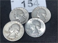 4 Silver Washington Quarters 1941, 1943, 1957,1964