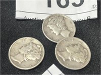 3 Mercury Silver Dimes 1943, 1944, 1945 S