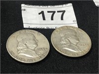2 Ben Franklin Silver Half Dollars 1954, 1962
