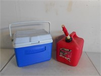 2 gal gas jug & small Rubbermaid cooler