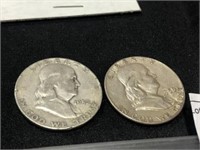 2 Ben Franklin Silver Half Dollar Coins 1952, 1958