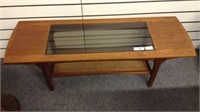 MID CENTURY GLASS TOP COFFEE TABLE WITH CANE