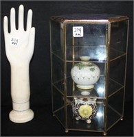 3 tier glass Showcase w/ handpainted Nippon Vases,