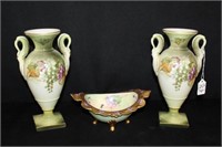 Pair Porcelain Vases 10" w/ swan handles Bavaria,