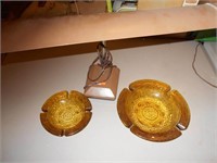 1 Office Lamp and 2 Amber Glass Ashtrays