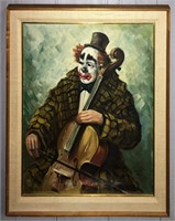 Albert Val Oil On Canvas Of Clown With Cello
