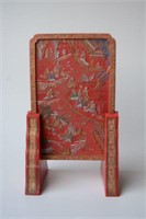 Chinese red ink stone, with ornate river scene