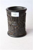 Wooden brush pot carved with figures in a garden