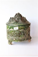 Green glazed tripod covered hill jar,