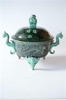 Unusual Chinese green & black enamelled