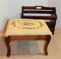 Wood Foot Stool with Needlepoint Top