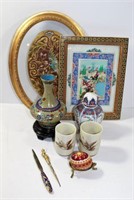 Asian Items Include Silk Framed in Glass