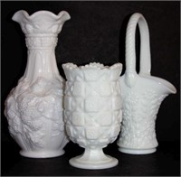 Trio of Milk Glass Pieces. Basket & two Vases