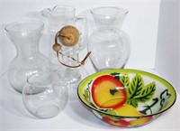 Enamel Bowl and Glass Pitchers, Vases,