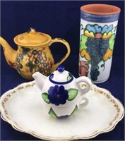 Teapots, Glazed Wine Cooler and Old Homer Laughlin
