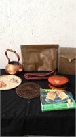 Group of vintage items include copper teapot