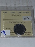 CANADIAN 1944 MS-64 NICKLE WITH CERTIFICATION