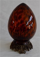 8" Amber Art Glass Egg w Brass Base -757