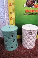 43- 2 NEW CERAMIC GARDEN STOOLS TEAL AND WHITE