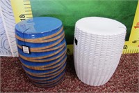 43- 2 NEW CERAMIC GARDEN STOOLS BLUE AND WHITE