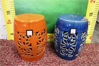 43- 2 NEW CERAMIC GARDEN STOOLS RED AND BLUE