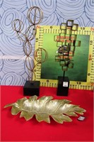43- 2 NEW METAL SCULPTURES AND LEAF PLATE