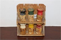 SMALL VINTAGE WOODEN SPICE RACK AND WOOD BOTTLES