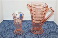 BLOCK OPTIC PINK PITCHER AND GLASS