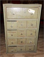 Very unique antique 13 drawer parts bin with cryst