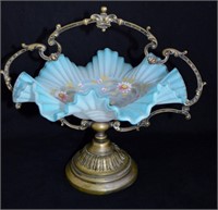 Antique Victorian Bride's Basket Satin Blue