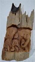 Hand Carved Driftwood Plaque Elephants - 804