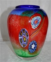 Murano Cased Millifiori Art Glass Vase 8.5"h