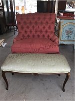 LARGE OVERSTUFFED CHAIR & CARVED BENCH