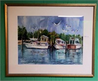 Original framed watercolor of boats on