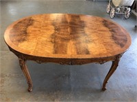 Burled Wood Carved Dining Table w/ 2 Leaves