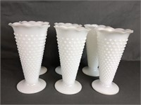 6 Hobnail Milk Glass Vases