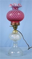 Electric Oil Lamp W/ Hobnail Cranberry Shade