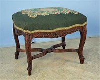 French Style Footstool w/ Green Needlepoint Cover